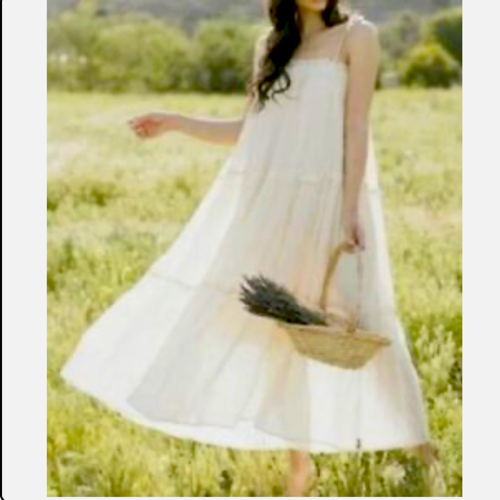 NWT ~ &MERCI Womens Kathleen Dress Sz S Ivory Tired Shoulder Tie Maxi Boho Lined
